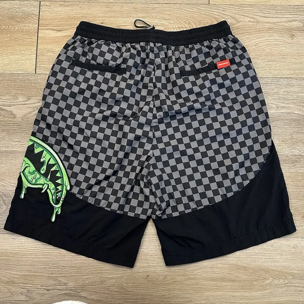Sprayground Swim Trunks Gray Black Checkered Shark Mouth Graphic Men’s Large